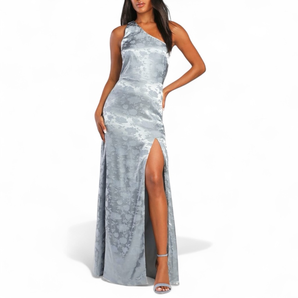 Lulus Truly Majestic Dusty Blue Satin Floral Jacquard Maxi Dress Size Large